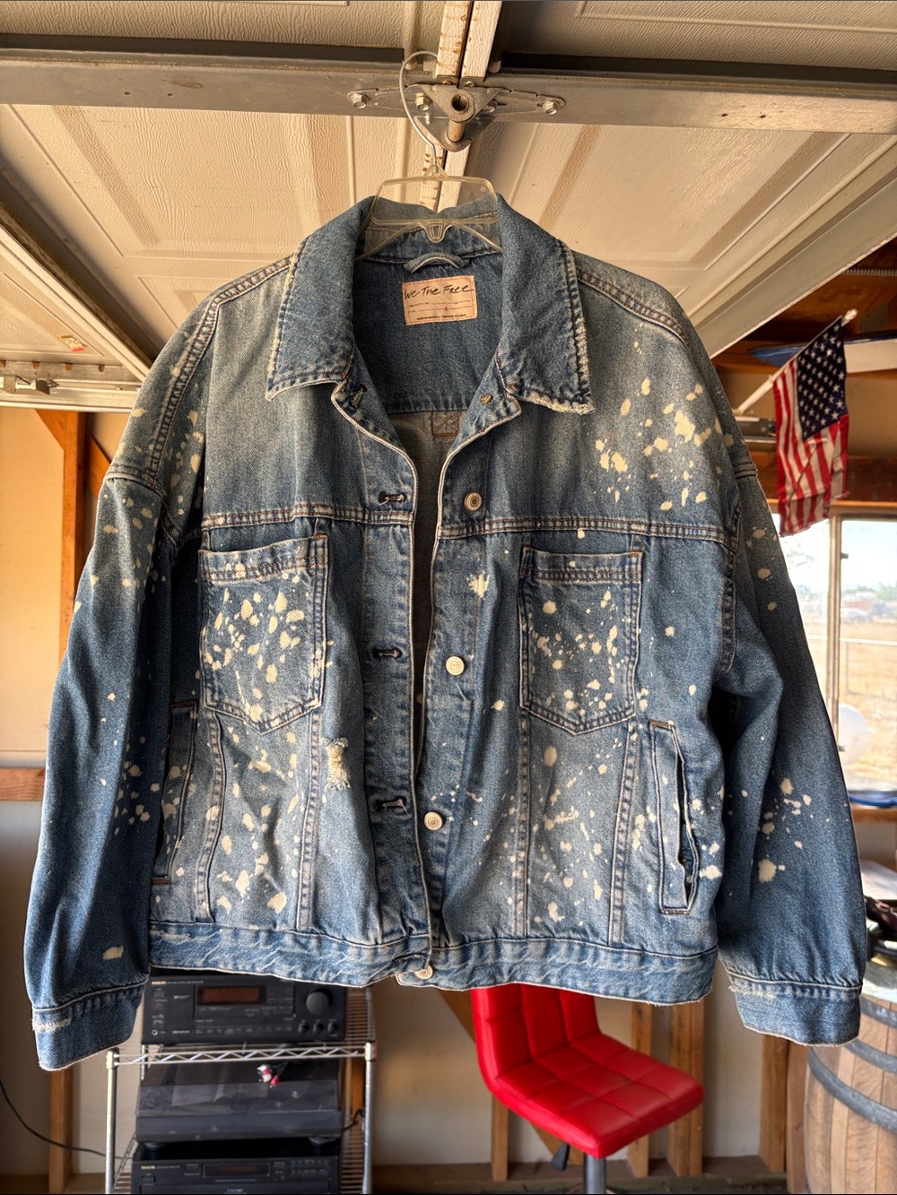 We The Free Blue Denim Jacket with White Paint Splatter